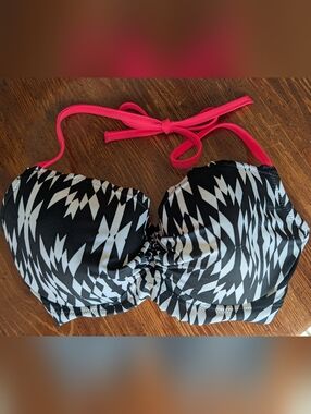 Victoria's Secret Black & White Striped Bikini Top with Pink Tie